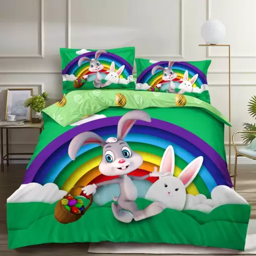 Lenjerie de Pat Dublu,  Finet, Imprimeu Digital, 4 Piese, Verde, Albastru, Curcubeu, Iepuras cu Cos de Oua