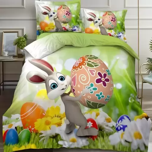 Lenjerie de Pat Dublu, Finet, Imprimeu Digital cu Iepuras si Oua, IDENTIC CU POZA, 4 Piese, Verde, Portocaliu