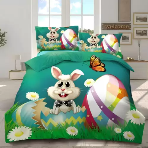Lenjerie de Pat Dublu,  Finet, Imprimeu Digital cu Iepuras si Oua, IDENTIC CU POZA, 4 Piese, Verde