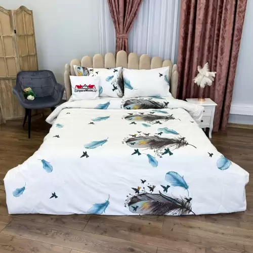 Lenjerie de Pat Dublu, Policoton Ranforsat, 4 piese, Atelier Cumparamisim, Alb, Bleu, Pene