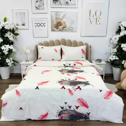 Lenjerie de Pat Dublu, Policoton Ranforsat, 4 piese, Atelier Cumparamisim, Alb, Roz, pene