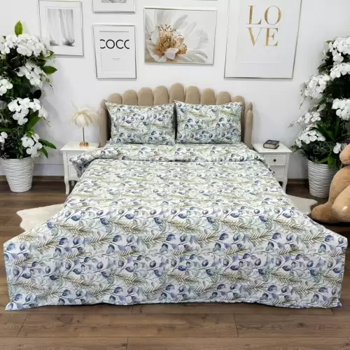 Lenjerie de Pat Dublu, Policoton Ranforsat, 4 piese, Atelier Cumparamisim, Albastru, frunze