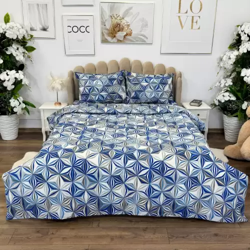 Lenjerie de Pat Dublu, Policoton Ranforsat, 4 piese, Atelier Cumparamisim, Albastru, model elegant