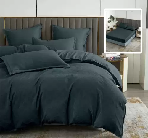 Lenjerie de pat natur uni baroque 6 piese cu husa (negru)