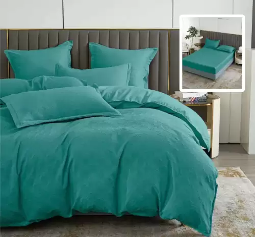 Lenjerie de pat natur uni baroque 6 piese cu husa (turcoaz)