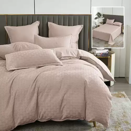 Lenjerie de pat natur uni stripe 6 piese cu cearsaf (capucino)