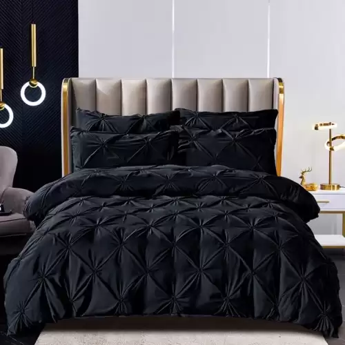Lenjerie de Pat Premium, JOJO HOME,  Finet cu Pliuri Brodate, 6 Piese, cu ELASTIC, Nesifonabila si Durabila, Negru