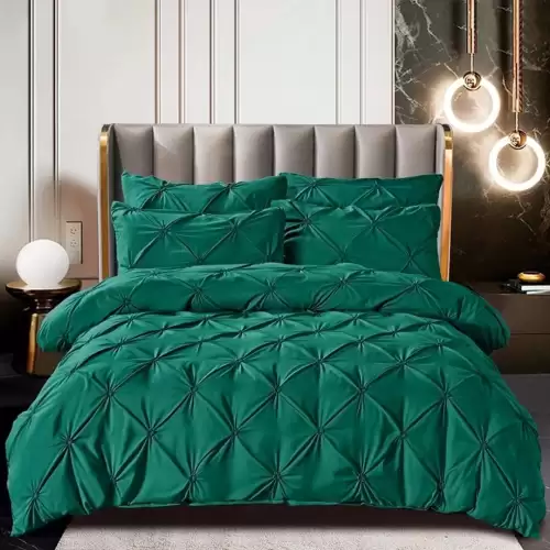 Lenjerie de Pat Premium, JOJO HOME,  Finet cu Pliuri Brodate, 6 Piese, cu ELASTIC, Nesifonabila si Durabila, Verde Smarald