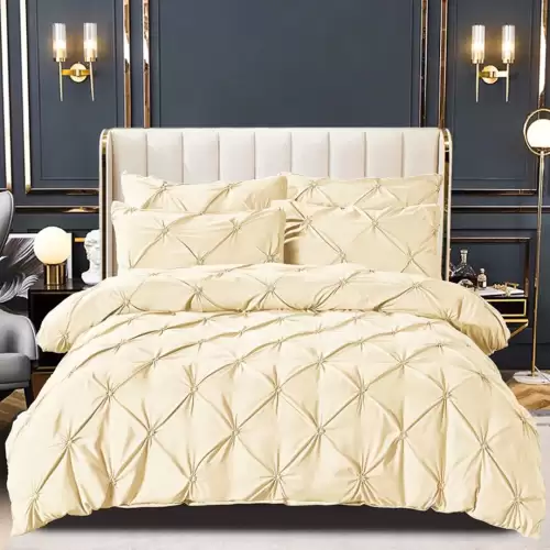 Lenjerie de Pat Premium, JOJO HOME,  Finet cu Pliuri Brodate, 6 Piese, Nesifonabila si Durabila, Crem