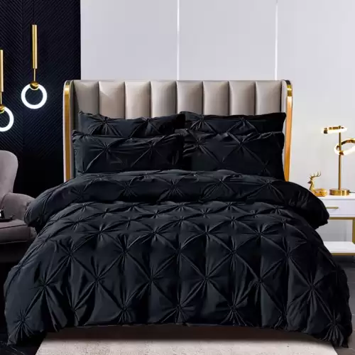 Lenjerie de Pat Premium, JOJO HOME,  Finet cu Pliuri Brodate, 6 Piese, Nesifonabila si Durabila, Negru