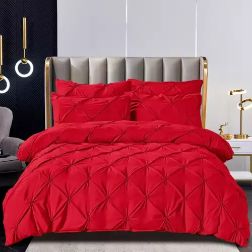 Lenjerie de Pat Premium, JOJO HOME,  Finet cu Pliuri Brodate, 6 Piese, Nesifonabila si Durabila, Rosu