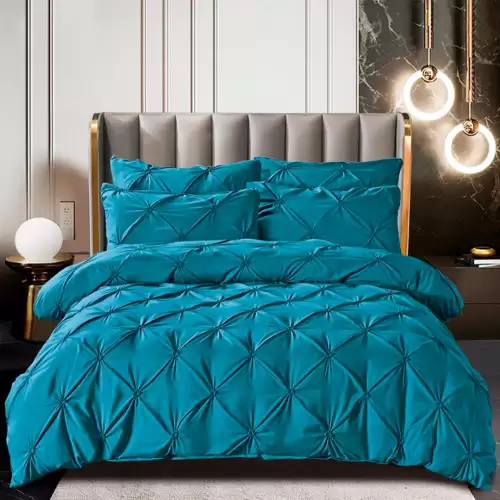 Lenjerie de Pat Premium, JOJO HOME,  Finet cu Pliuri Brodate, 6 Piese, Nesifonabila si Durabila, Turquoise