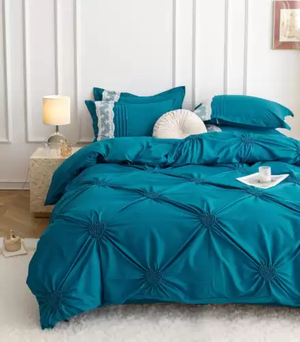 Lenjerie de Pat Premium, JOJO HOME, Finet Soft Touch, cu Inimioare din Pliuri Brodate, si Dantela Delicata, 6 Piese, Nesifonabila si Durabila, Turquoise