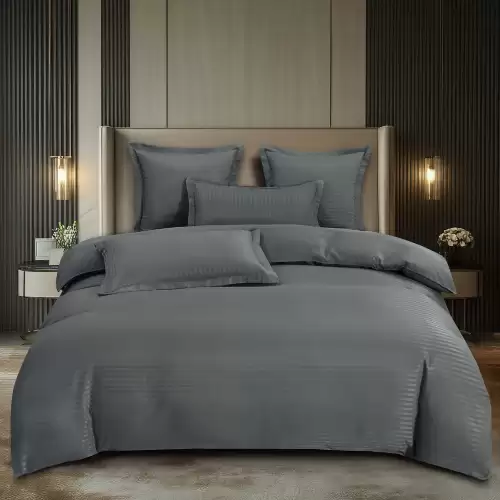 Lenjerie HoReCa, pat dublu, Damasc Finetat Deluxe, 6 piese, Pucioasa, Gri inchis