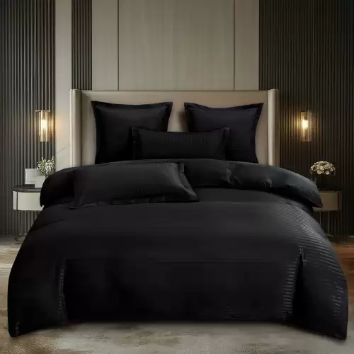 Lenjerie HoReCa, pat dublu, Damasc Finetat Deluxe, 6 piese, Pucioasa, Negru