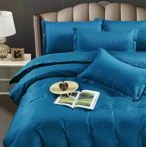 Lenjerie HoReCa, pat dublu, Damasc Finetat Deluxe cu Elastic, 6 piese, Jojo Home, Albastru