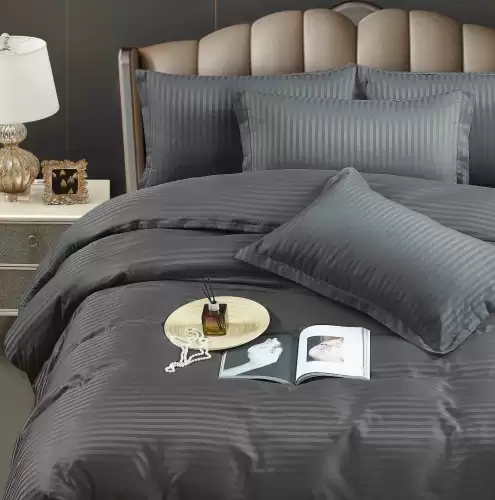 Lenjerie HoReCa, pat dublu, Damasc Finetat Deluxe cu Elastic, 6 piese, Jojo Home, Gri Antracit
