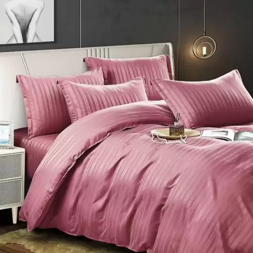 Lenjerie HoReCa, pat dublu, Damasc Finetat Satinat, 6 piese, Jojo Home, Roz Prafuit