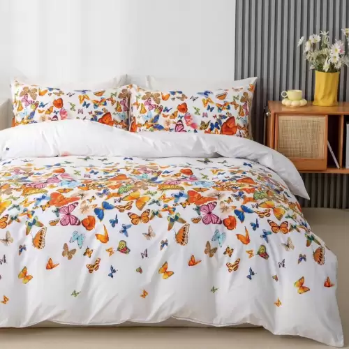 Lenjerie pat 1 PERSOANA, 4 piese, cu ELASTIC, Alb, fluturasi