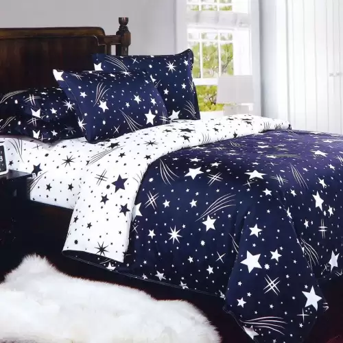 Lenjerie pat 1 PERSOANA, 4 piese, cu ELASTIC, Albastru, stelute