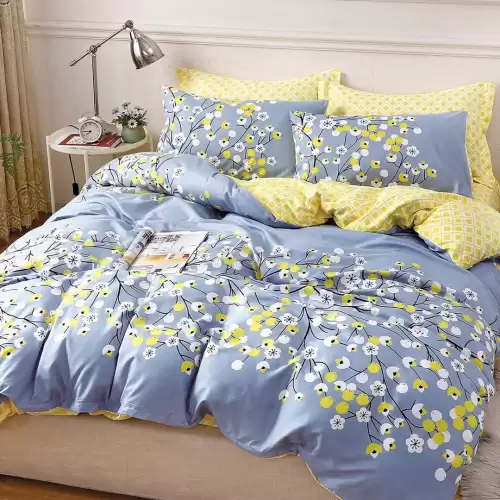 Lenjerie pat 1 PERSOANA, 4 piese, cu ELASTIC, Bleu, floricele