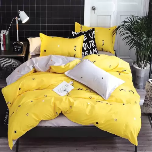 Lenjerie pat 1 PERSOANA, 4 piese, cu ELASTIC, Galben, gene, stelute