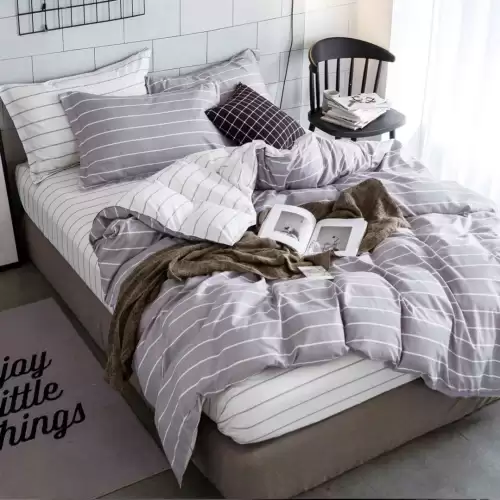 Lenjerie pat 1 PERSOANA, 4 piese, cu ELASTIC, Gri, dungi