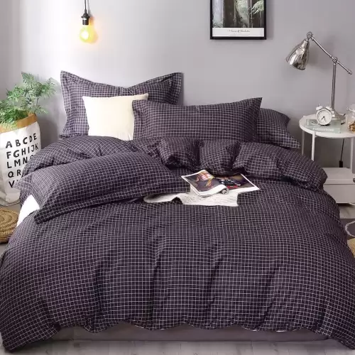 Lenjerie pat 1 PERSOANA, 4 piese, cu ELASTIC, Gri, patratele