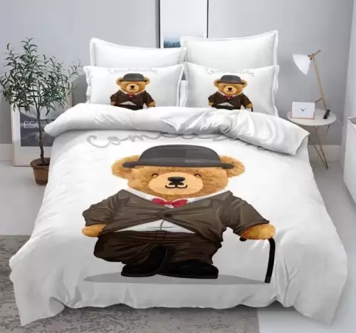 Lenjerie pat 1 PERSOANA (90x200cm, 100x200cm, 120x200cm), BUMBAC FINET, 4 piese, Identica cu Poza, Imprimeu Digital, Alb, Ursulet Comedian