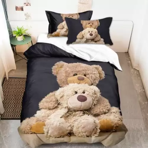 Lenjerie pat 1 PERSOANA (90x200cm, 100x200cm, 120x200cm), BUMBAC FINET, 4 piese, Identica cu Poza, Imprimeu Digital, Gri, Ursuleti