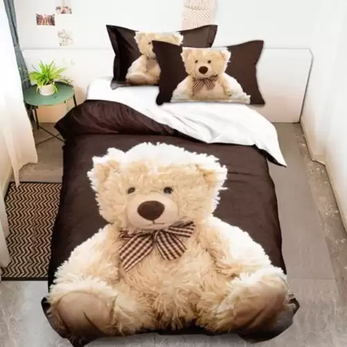 Lenjerie pat 1 PERSOANA (90x200cm, 100x200cm, 120x200cm), BUMBAC FINET, 4 piese, Identica cu Poza, Imprimeu Digital, Maro, Ursulet