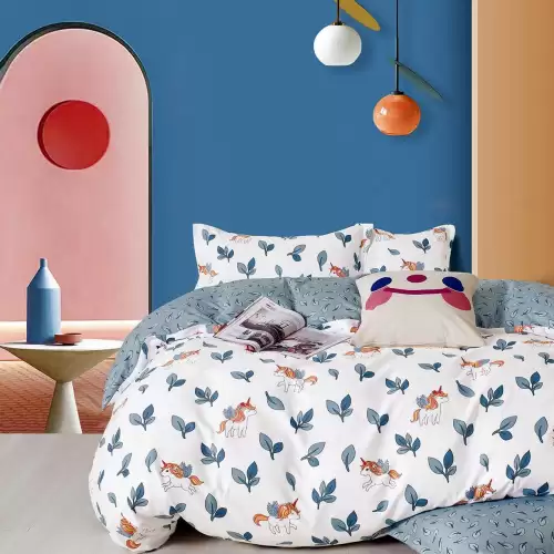 Lenjerie pat 1 PERSOANA, FINET, 4 piese, Alb, frunze, unicorni