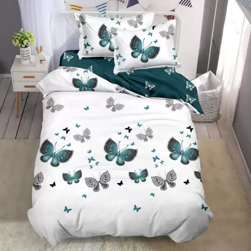 Lenjerie pat 1 PERSOANA, FINET, 4 piese, Alb, Verde, fluturi