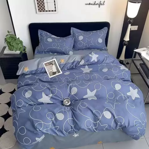 Lenjerie pat 1 PERSOANA, FINET, 4 piese, Albastru, stelute