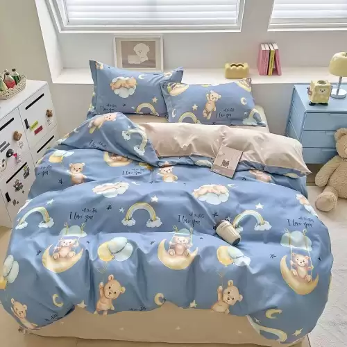 Lenjerie pat 1 PERSOANA, FINET, 4 piese, Bleu, Crem, ursuleti