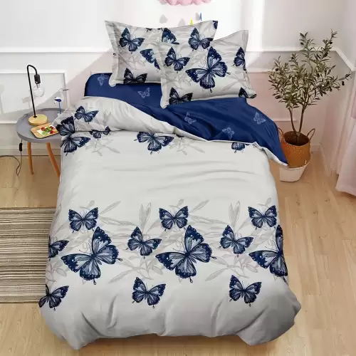 Lenjerie pat 1 PERSOANA, FINET, 4 piese, Gri, Albastru, fluturi