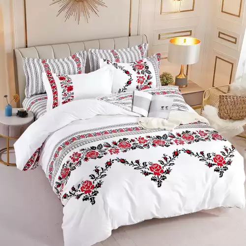 Lenjerie pat 1 PERSOANA,  FINET, 4 piese, Jojo Home, Alb-Rosu, model traditional