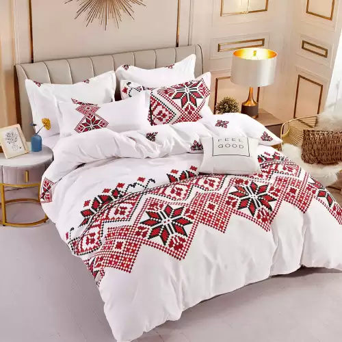 Lenjerie pat 1 PERSOANA,  FINET, 4 piese, Jojo Home, Alb-Rosu, model traditional