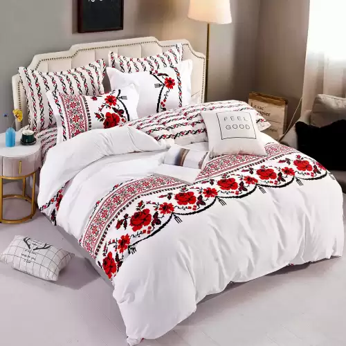 Lenjerie pat 1 PERSOANA,  FINET, 4 piese, Jojo Home, Alb-Rosu, model traditional