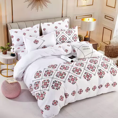 Lenjerie pat 1 PERSOANA, FINET, 4 piese, Jojo Home, Alb-Rosu, model traditional