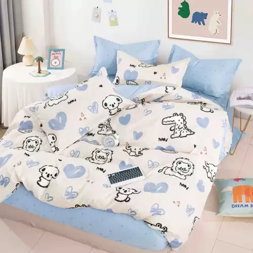 Lenjerie pat 1 PERSOANA, FINET, 4 piese, Jojo Home, Bej, Bleu, Animale, Inimioare