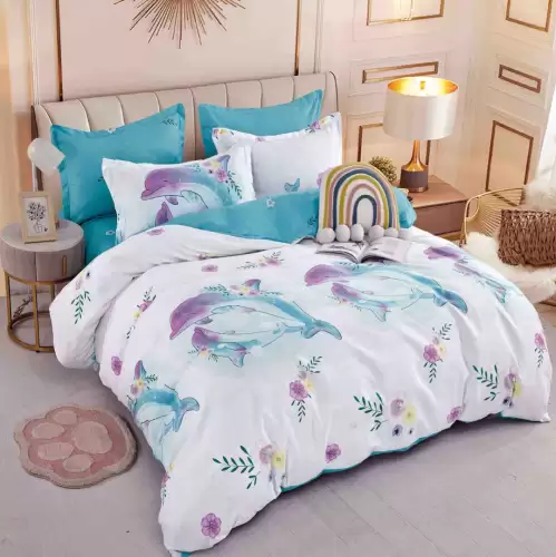 Lenjerie pat 1 PERSOANA,  FINET, 4 piese, Jojo Home, Bleu, delfini