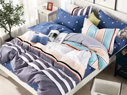 Lenjerie pat 1 PERSOANA, FINET, 4 piese, Jojo Home, Bleu-Gri, dungi, stelute