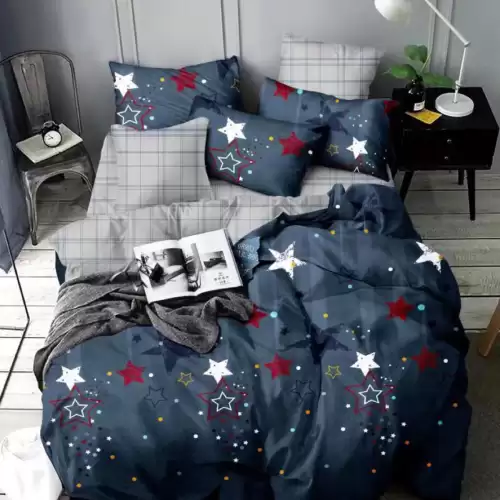 Lenjerie pat 1 PERSOANA,  FINET, 4 piese, Jojo Home, Bleumarin-Multicolor, stelute