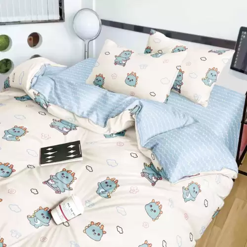 Lenjerie pat 1 PERSOANA, FINET, 4 piese, Jojo Home, Crem, Bleu, Dinozauri