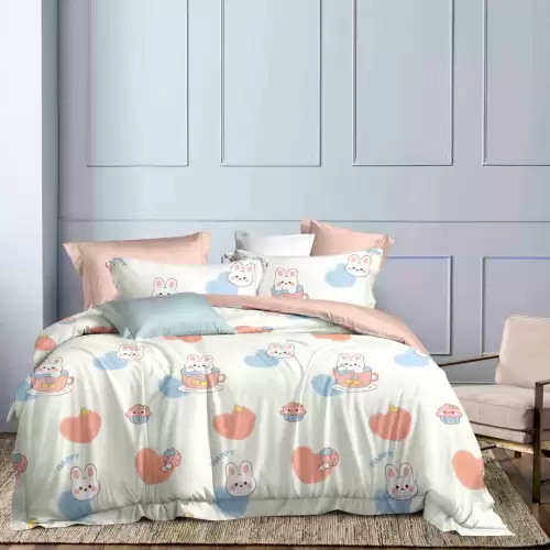 Lenjerie pat 1 PERSOANA,  FINET, 4 piese, Jojo Home, Crem, Roz, Inimioare, Iepurasi