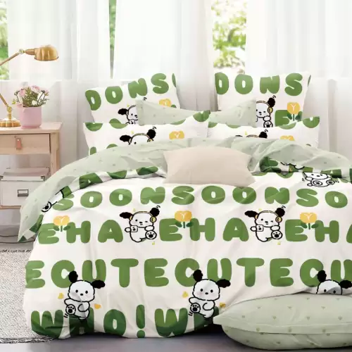 Lenjerie pat 1 PERSOANA,  FINET, 4 piese, Jojo Home, Crem, Verde, Litere