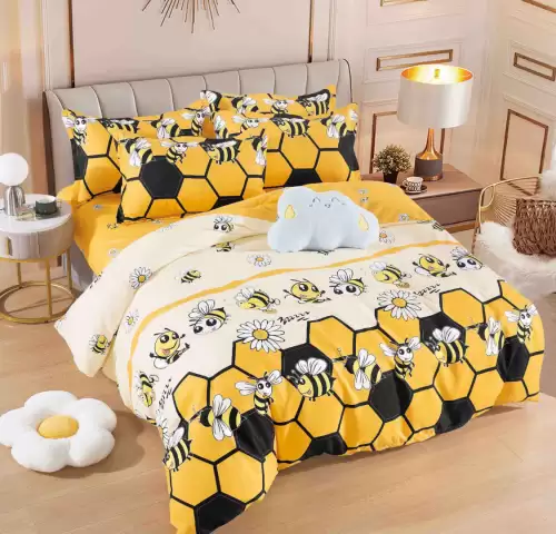 Lenjerie pat 1 PERSOANA,  FINET, 4 piese, Jojo Home, Galben, Fagure, Albinute