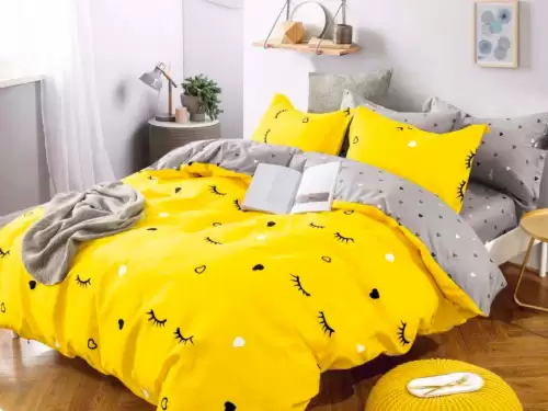 Lenjerie pat 1 PERSOANA, FINET, 4 piese, Jojo Home, Galben-Gri, gene