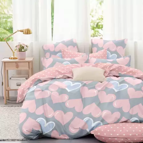 Lenjerie pat 1 PERSOANA,  FINET, 4 piese, Jojo Home, Gri, Roz, Inimioare